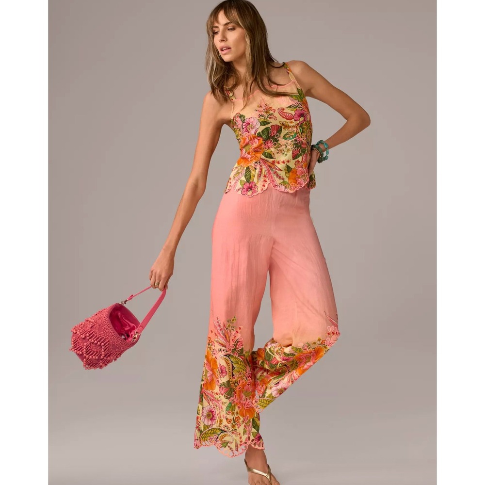 Boston Proper Printed Linen Eyelet Embroidered Wide Leg Pant Light Pink Medium